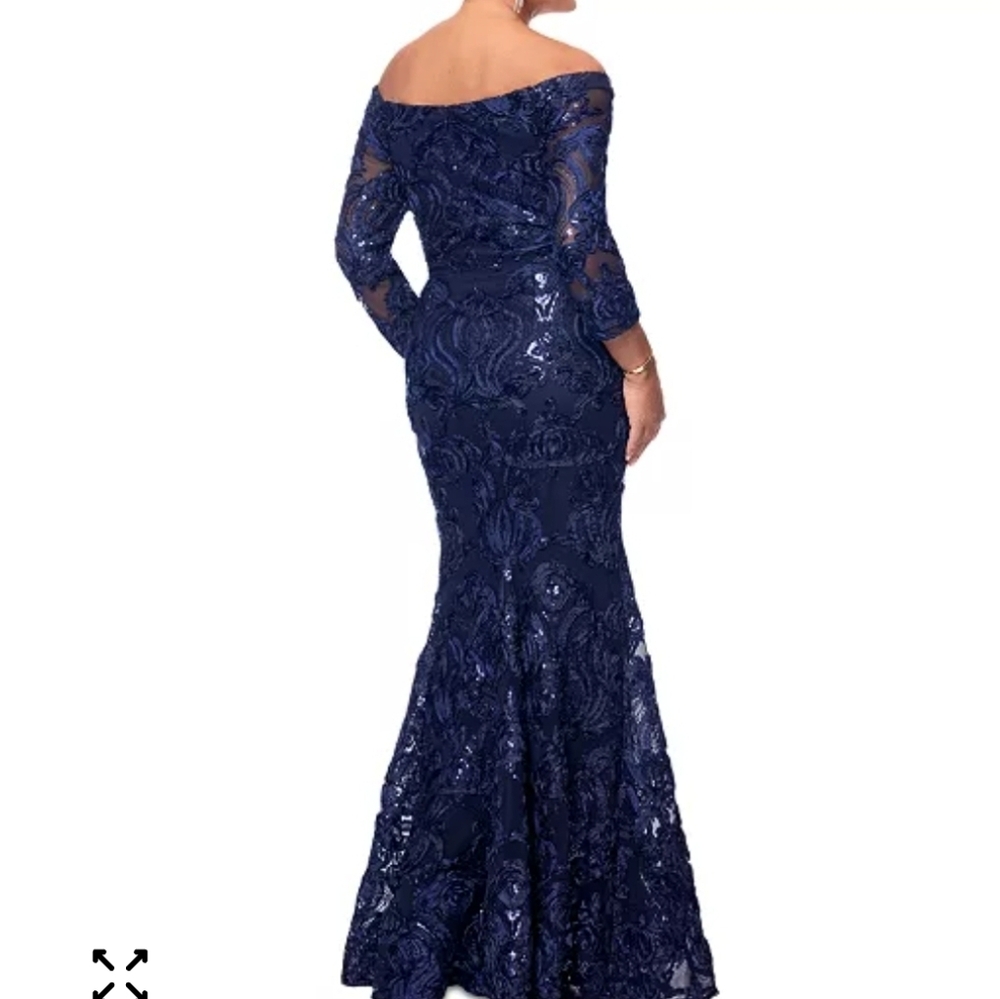 Xscape Off The Shoulder Gown Size 10 NWT $359 Navy Embellished - Picture 3 of 13